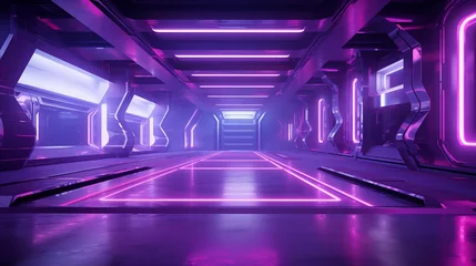 Fotobehang Futuristic neon-lit cyber virtual concrete environment. © kept