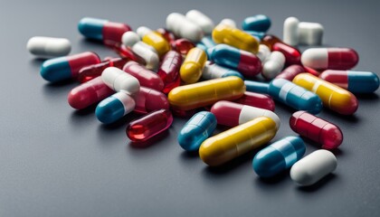  Vibrant assortment of colorful pills on a dark surface