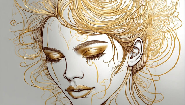 Golden face Art work of a Woman, golden line art 