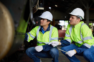 Fototapeta na wymiar engineers or technicians checking and fixing under train at station