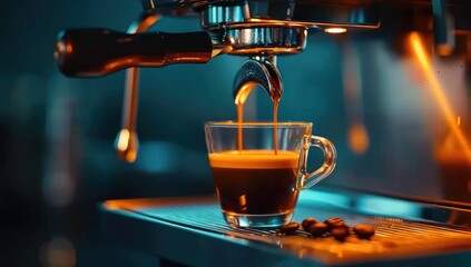 Preparing coffee with espresso machine in cafe capturing art of barista craftsmanship showcasing fresh pour of aromatic caffeine beverage ideal for breakfast or break in coffee shop setting