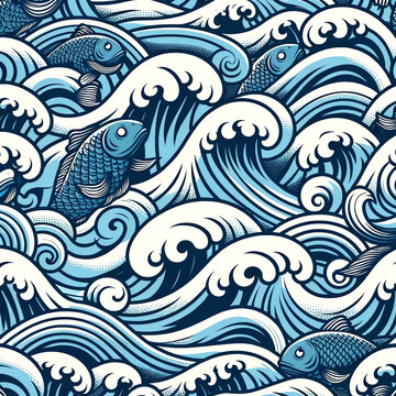 波がたっている海面を多くの魚が飛び跳ねたり泳いだりしている躍動感のある日本風のイラスト。