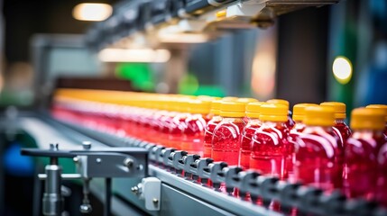 Image of a factory with a conveyor belt juice bottles in production.