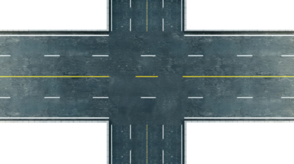Top view of the intersection of asphalt roads isolated on transparent background