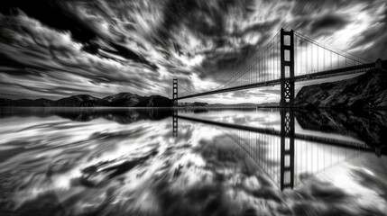 A Dramatic Black and White Image of a Modern Bridge Reflecting in Water, Adorned with Clouds, Enveloped in Mystique
