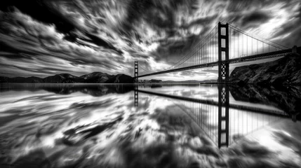 Foto op Canvas A Dramatic Black and White Image of a Modern Bridge Reflecting in Water, Adorned with Clouds, Enveloped in Mystique © MdMohammod