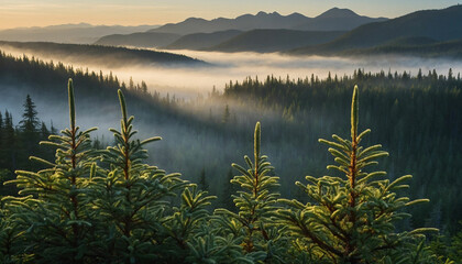 A spruce landscape zoom in on the dew kissed needles, each glistening in the soft light, while distant peaks fade into a dreamy mist and let the viewer feel the crispness of the air and the quiet anti