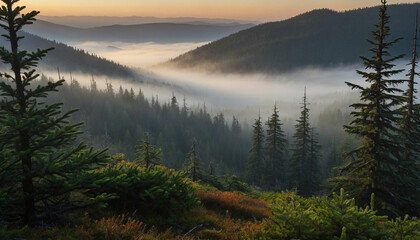 A spruce landscape zoom in on the dew kissed needles, each glistening in the soft light, while distant peaks fade into a dreamy mist and let the viewer feel the crispness of the air and the quiet anti