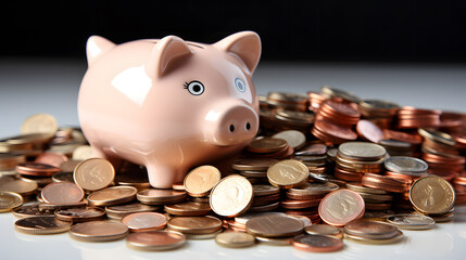 Save money, financial planning of personal finances and being thrifty concept theme with a pink piggy bank sitting on a pile of bronze and silver colored coins