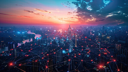 A bustling cityscape at sunset with a digital network grid overlay, symbolizing the interconnectedness and smart infrastructure of a modern metropolis.
