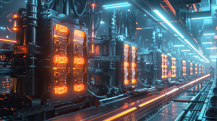 Interior of a high-tech server room with glowing red neon lights, showcasing advanced data center technology.
