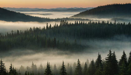 A spruce landscape zoom in on the dew kissed needles, each glistening in the soft light, while distant peaks fade into a dreamy mist and let the viewer feel the crispness of the air and the quiet anti