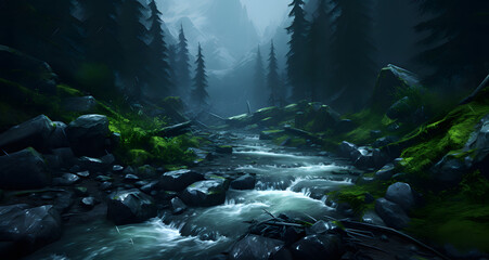 water is flowing through a forest and a mountain