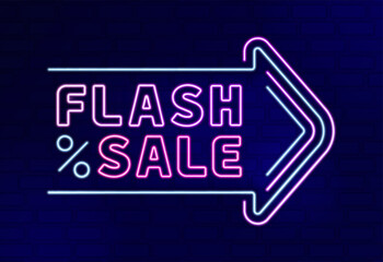 Neon light line illustration of FLASH SALE with next arrow direction and percent sign for fashion store offer and clearance sale. Can be used for website, poster, flyer, brochure, ads, promo