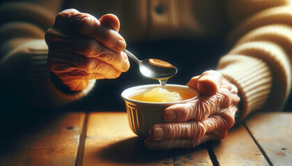 Close up on the hands of an elderly person as they hold a spoon and a cup of apple sauce
