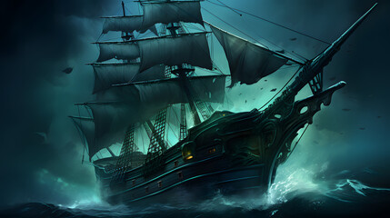 an animated scene featuring a pirate ship in rough waters