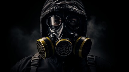 Image of a man with a gas mask on a dark background.