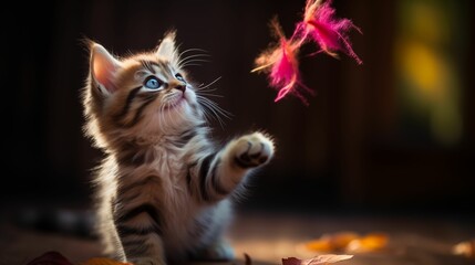 Image of a kitten playing with a hanging feather toy.