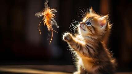 Image of a kitten playing with a hanging feather toy.