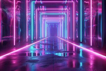 Digital futuristic showcase concept show scene abstract geometric fantasy neon line background technology - obrazy, fototapety, plakaty