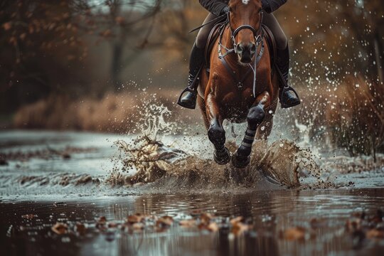 Professional Photography of a Horse and Rider Crossing a Shallow Stream or River, Generative AI