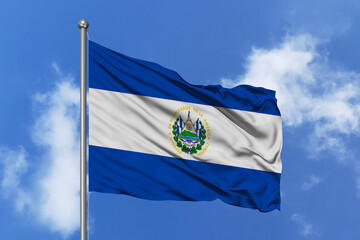 El Salvador flag fluttering in the wind on sky.