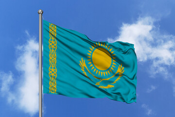 Kazakhstan flag fluttering in the wind on sky.