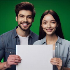 Woman and man holding blank white panel