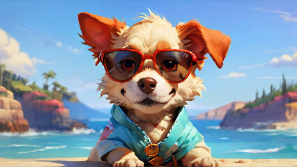 A dog sitting with sunglasses on the beach.
Generative AI