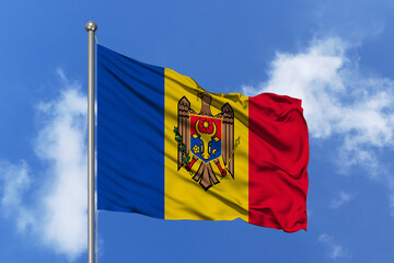 Moldova flag fluttering in the wind on sky.