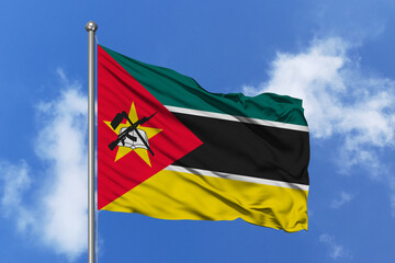 Mozambique flag fluttering in the wind on sky.