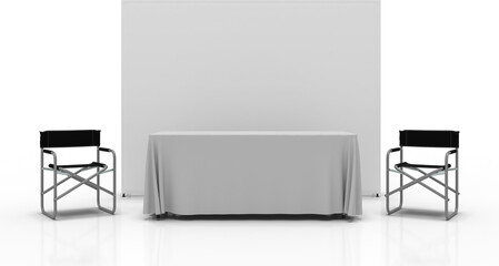 Exhibition Media Wall Display Stand with Trestle Tablecloth and Directors Chairs, 3D render for mockup and illustrations with transparent background.