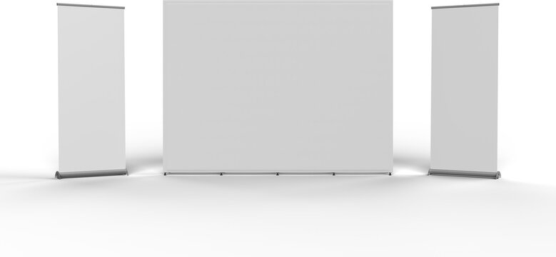 Exhibition Media Display Wall Banner Cloth Straight with Rollup Banner Pullup Banner on either side. 3D render for mockup and illustration with transparent background.
