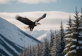 Fototapeta premium A landscape of snow-capped mountains with a majestic bald eagle hovering in the foreground among the evergreen trees at the foot of the hills.
