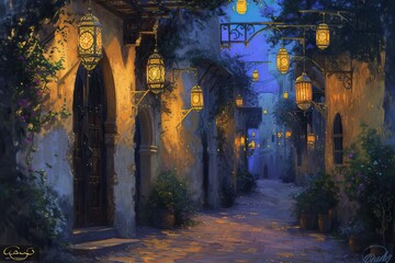 tranquil night scene of the winding alleys of an Islamic city adorned with lanterns.