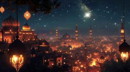 tranquil night scene with lanterns hanging from home and starlight reflected on domes of mosques