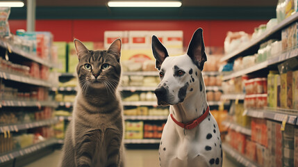 Pet shop, dog in store, animal accessories, happy dog in pet supermarket - obrazy, fototapety, plakaty