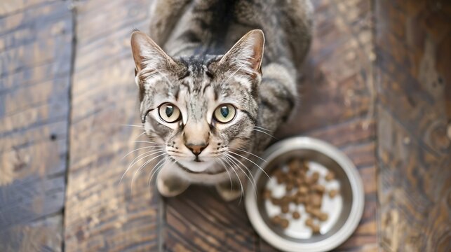 A beautiful American Shorthair tabby cat sits next to a food plate placed on a wooden floor at home and eats wet canned food. Selective focus natural light photography Ideas for good pet nutrition