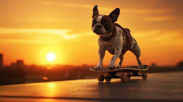 Image of dog riding a skateboard.