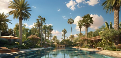 Fototapeta na wymiar A serene oasis nestled in the heart of the desert, with lush palm trees swaying gently in the breeze and a tranquil pool reflecting the azure sky above.
