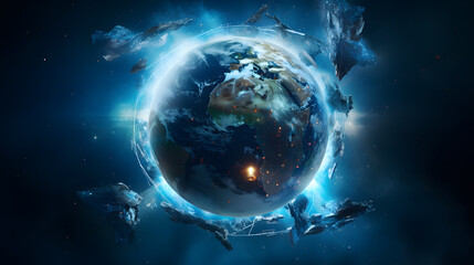 planet surrounded by plastic debris in space and glowing with blue and white lighting