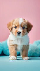 Cute puppy on pink pastel background.