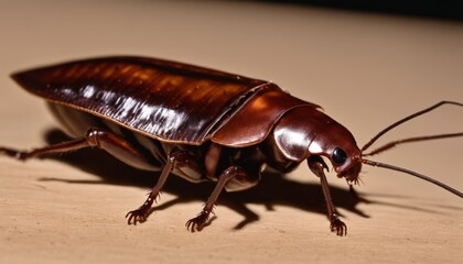  Detailed close-up of a brown beetle on a wooden surface
