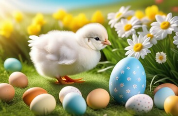 Cute chicken and easter bunny on a meadow with eggs and flowers. Easter concept 