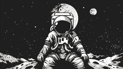 t-shirt vector print design astronaut on the moon, black and whi