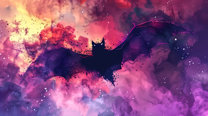 Mysterious bat flying with smoke and neon lights oil paint water