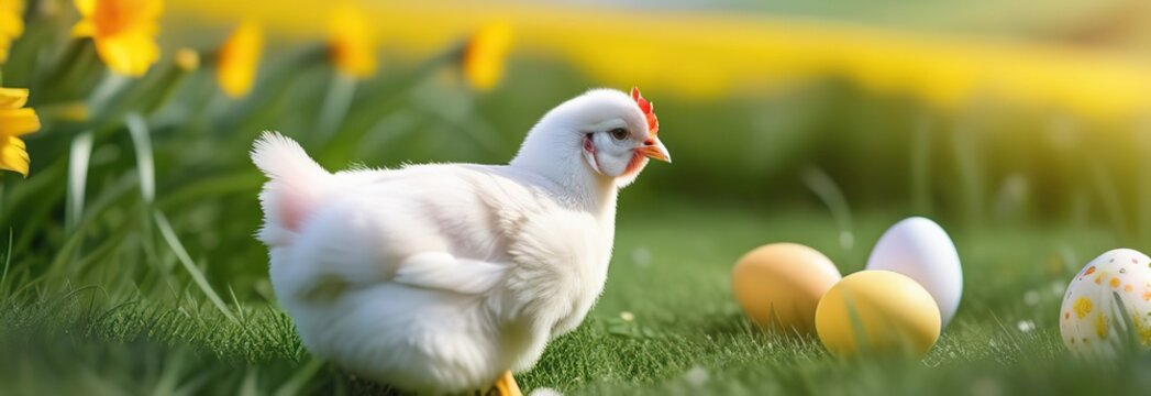 Cute chicken and easter bunny on a meadow with eggs and flowers. Easter concept 