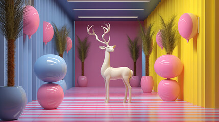 Easter-themed Illustration with Bunny, Eggs, and Festive Holiday Elements in a Winter Setting, Featuring Christmas Silhouettes, Cartoon Animals, and Joyful Celebration