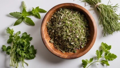Obraz na płótnie Canvas Fresh herbs in a wooden bowl, ready for culinary magic!