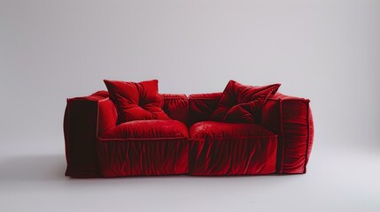 Modern red velvet sofa in a white minimalistic setting. comfort and style for home interiors. ideal for lifestyle magazines. AI
